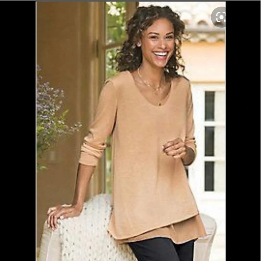 SOFT Surroundings Songstress Knit & Chiffon Layered Sweater in Rust SZ XS